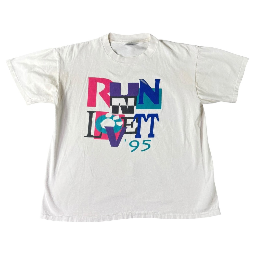 Vintage 1995 Run Lovett T Shirt Oneita Power-T White Graphic Mens Large 90s